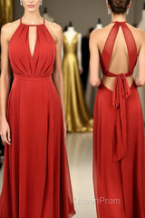 Scoop Red A-line Chiffon Long Bridesmaid Dresses with Open Back