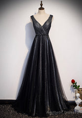 Black V-Neck Tulle Long Prom Dresses, A-Line Evening Dresses