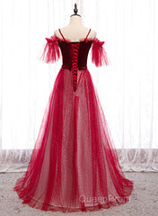 Red A-Line Floor Length Off Shoulder Long Evening Prom Dresses, Red Long Evening Dresses