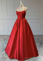 Red A-Line Sleeveless Square Neckline Satin Prom Dress
