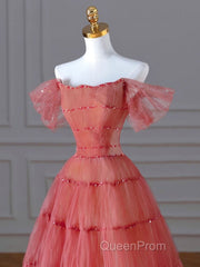 Red Aline Tulle Long Evening Prom Dresses, Red Tulle Formal Graduation Dresses With Beading Sequin