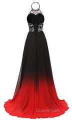 Red And Black Halter Beaded Chiffon Party Dresses, A-Line Gradient Evening Dresses