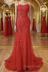 Red Backless Lace Evening Prom Dresses, Red Open Back Lace Formal Evening Dresses