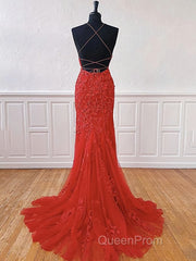 Red Backless Lace Evening Prom Dresses, Red Open Back Lace Formal Evening Dresses