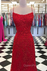 Red Backless Mermaid Lace Evening Prom Dresses, Red Backless Lace Formal Graduation Evening Dresses