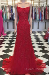 Red Backless Mermaid Lace Evening Prom Dresses, Red Backless Lace Formal Graduation Evening Dresses