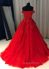 Red Ball Gown Off-the-Shoulder Sleeveless Court Train Tulle Evening Prom Dresses With Pleated Appliqued