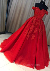 Red Ball Gown Off-the-Shoulder Sleeveless Court Train Tulle Evening Prom Dresses With Pleated Appliqued