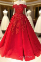 Red Ball Gown Off-the-Shoulder Sleeveless Court Train Tulle Evening Prom Dresses With Pleated Appliqued