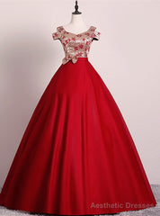 Red Ball Gown Satin Embroidery Quinceanera Dress