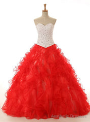 Red Ball Gown Sweetheart Neck Organza Beading Wedding Dress