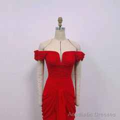 Red Chiffon Mermaid Off Shoulder Wedding Party Dress, Red Long Formal Dress