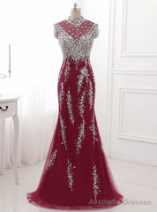 Red Evening Dresses Crystal Long Prom Dress Sexy Illusion