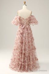 Red Floral Off the Shoulder Long Prom Dress