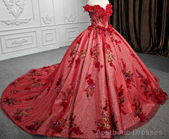 Red Flower Off-the-Shoulder Quinceaera Dress