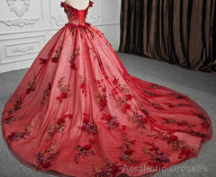 Red Flower Off-the-Shoulder Quinceaera Dress