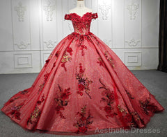 Red Flower Off-the-Shoulder Quinceaera Dress