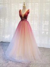 Red Gradient Tulle Beaded Long Party Dress Formal Dress, V-neckline Party Dresses