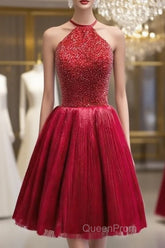 Red Halter Beaded Short Party Dresses, Beaded And Sequined Party Dresses, Homecoming Dresses