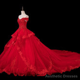 Red Lace and Tulle Gorgeous Off Shoulder Princess Sweet 16 Dress, Red Formal Gown
