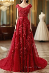 Red Lace Evening Prom Dresses Cap Sleeves Formal Dresses, Evening Dresses, Dance Dresses