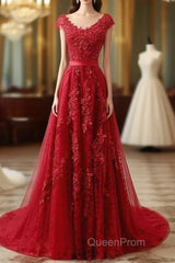 Red Lace Evening Prom Dresses Cap Sleeves Formal Dresses, Evening Dresses, Dance Dresses