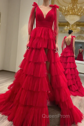 Red Long Evening Prom Dresses Princess A Line V Neck Party Evening Dresses with Ruffles