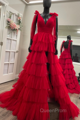 Red Long Evening Prom Dresses Princess A Line V Neck Party Evening Dresses with Ruffles