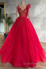 Red Long Sleeve V Neck Beading Flower Tulle Evening Prom Formal Dresses