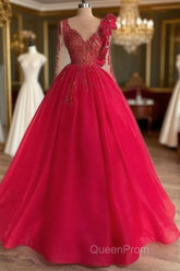 Red Long Sleeve V Neck Beading Flower Tulle Evening Prom Formal Dresses