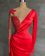 Red Long Sleeve V-Neck Mermaid Prom Dress Online With Beadings