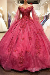 Red Long Sleeves 3D Flowers Quinceanera Dresses Appliqued