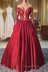 Red Long Sleeves Lace Long Evening Prom Dresses, Red Evening Dresses