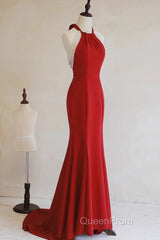 Red Mermaid Halter Long Evening Dresses, Red Backless Formal Dresses Evening Prom Dresses