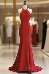 Red Mermaid Halter Long Evening Dresses, Red Backless Formal Dresses Evening Prom Dresses