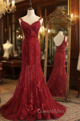 Red Mermaid Lace Long Evening Prom Dresses, Lace Mermaid Evening Dresses