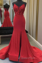 Red Mermaid Llong Evening Prom Dresses Appliques Slit Evening Dresses