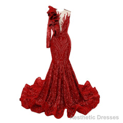 Red Mermaid One Sleeve Prom Dresses Sequined Lace Jewel Ruffles Evening Party Dress with Appliques