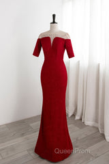 Red Mermaid Round Neckline Short Sleeves Party Dresses, Red Evening Gown