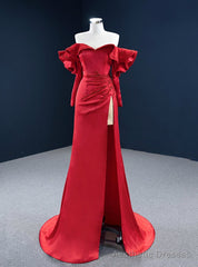 Red Mermaid Satin Off the Shoulder Long Sleeve Beading Prom Dress