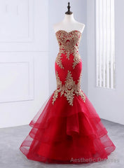 Red Mermaid Tulle Appliques Sweetheart Long Prom Dresses
