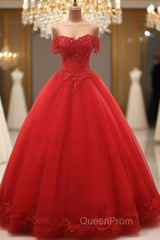Red Off Shoulder Long Party Dresses, A-Line Tulle Evening Dresses Formal Gown