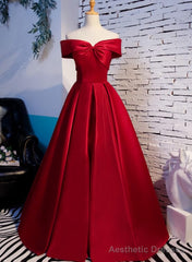Red Off Shoulder Satin A-line Sweetheart Long Prom Dress, Red Long Evening Dress Formal Dress