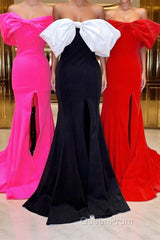 Red Off-the-Shoulder Bow Mermaid Evening Prom Gown with Slit