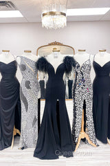 Red Evening Prom Dresses Mermaid V Neck Long Party Evening Dresses with Feathers