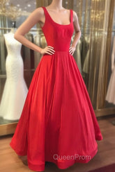 Red Evening Prom Dresses, A-line Square Neckline Regular Straps Long/Floor-Length Satin Evening Prom Dresses