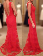 Red Evening Prom Dresses, Sheath/Column V Neck Sleeveless Sweep Train Lace Evening Prom Dresses With Appliqued