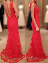 Red Evening Prom Dresses, Sheath/Column V Neck Sleeveless Sweep Train Lace Evening Prom Dresses With Appliqued