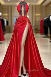 Red Robe De Soiree A-Line High Collar Satin Crystals Slit Sexy Long Evening Prom Dresses Evening Prom Gown Evening Dresses