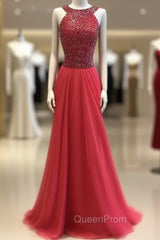 Red Round Neck Long Evening Prom Dresses, Red Evening Dresses